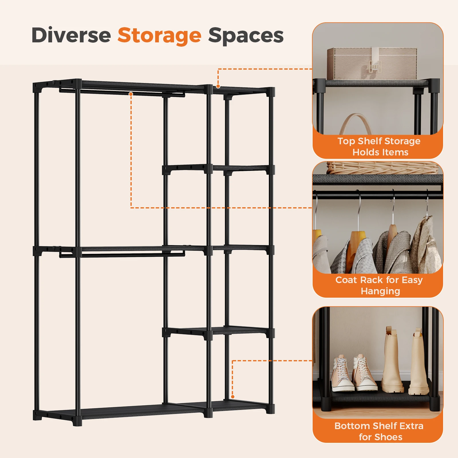 JHK 44IN to 49IN Portable Wardrobe Closet with Hanging Rods Clothing Rack with Shelves Mudroom Storage Organizer For Home