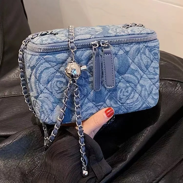 Lekka luksusowa torebka Crossbody z kwiatowym nadrukiem i denimami 2024 nowe modne torebka wiadro w kratę małe torba kwadratowa na co dzień