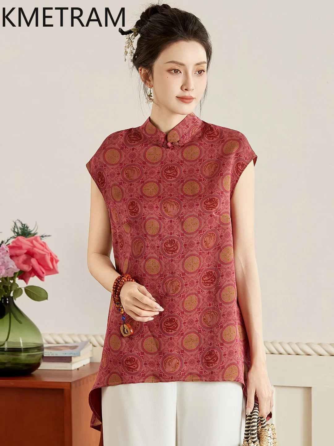 KMETRAM 100% Mulberry Silk Xiangyunsha Blouse Women 2026 Summer Retro Elegant Mid-length Short Sleeved Shirts Camisas De Mujer