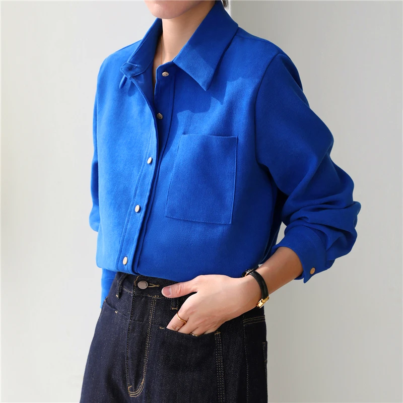 Camicette da donna da ufficio Camicette da donna in velluto a coste tinta unita Camicie vintage Moda Allentata Primavera/Autunno Abbigliamento Manica lunga Top da donna