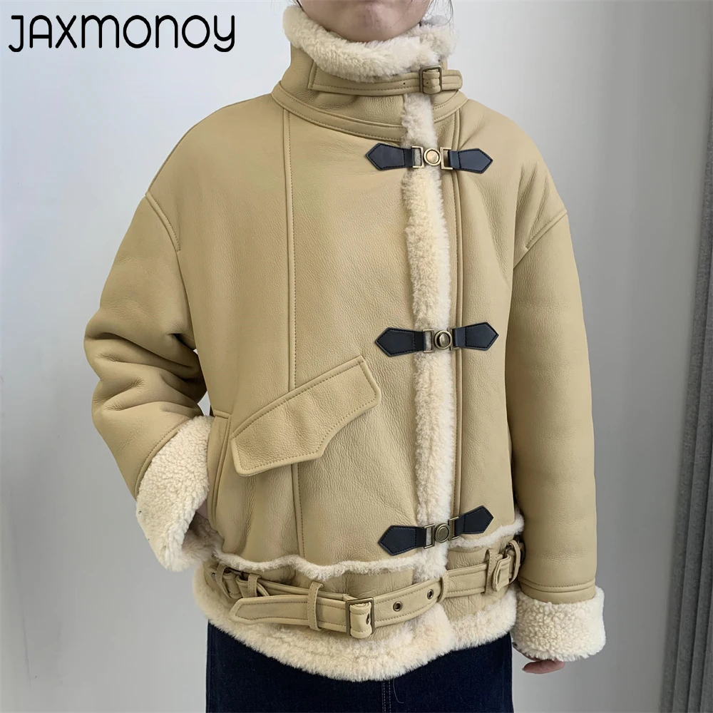 Jaxmonoy-Chaqueta de borreguito para mujer, abrigo de piel de cordero de cuero genuino a la moda, cinturón cálido, prendas de vestir exteriores, Otoño, novedad