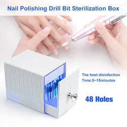 48 Holes Leather Nail Drill Bit Holder Box with UV Light for   Head Cleaning Dustproof Equipment