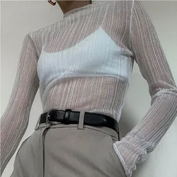 2024 Fall Elegant See Through Long Sleeve Mock Neck Women Tops Fashion Streetwear Sexy T-Shirts Tees Slim Clothes