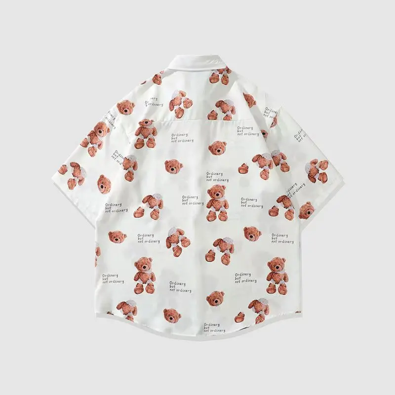 Korean Bear Cute Cartoon Full Printed Shirts Short Sleeve Lapel Blouse Men Women Harajuku Fashion Y2K Tops Students Summer
