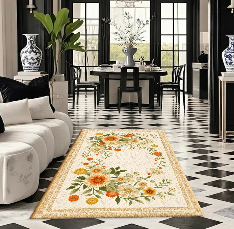 Vintage Yellow Orange Daisy Wreath Carpet Floor Decor Vintage Floral Border Print Square Rug Suitable for Entrance Decoration