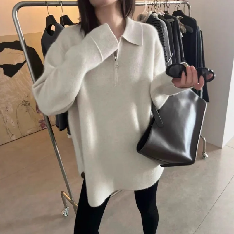 

Осень и зима, новый стильный пуловер, ленивый стиль, лацкан, полумолния, с длинными рукавами, бархатный женский вязаный свитер с енотом