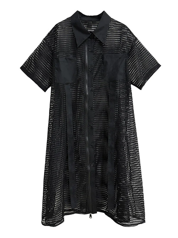 [EAM] Women Black Mesh Perspective Midi Big Size Shirt Dress New Lapel Short Sleeve Fashion Tide Spring Summer 2024 1DH4934