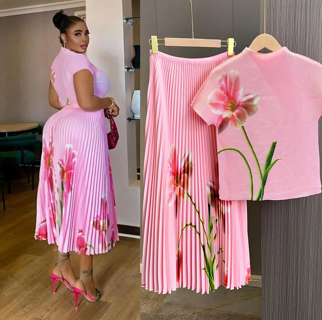 

2025 летние новые модные женские повседневные модные комплекты из 2 предметов во французском стиле, плиссированные футболки с короткими рукавами и круглым вырезом, юбки до щиколотки