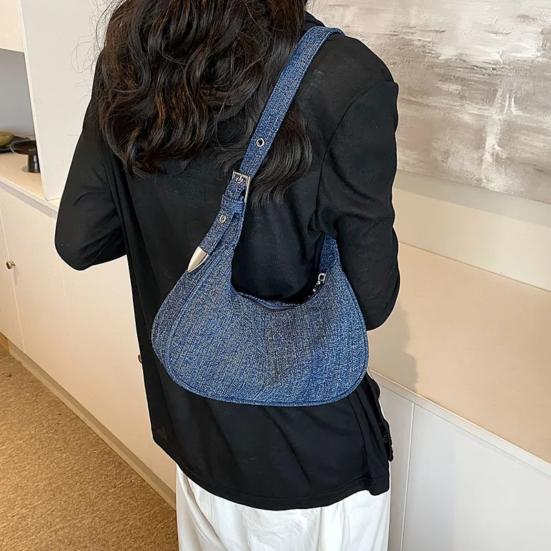 

Синий джинсовый кошелек, маленькая сумка через плечо в форме полумесяца Y2k, винтажная джинсовая сумка-клатч-хобо для женщин