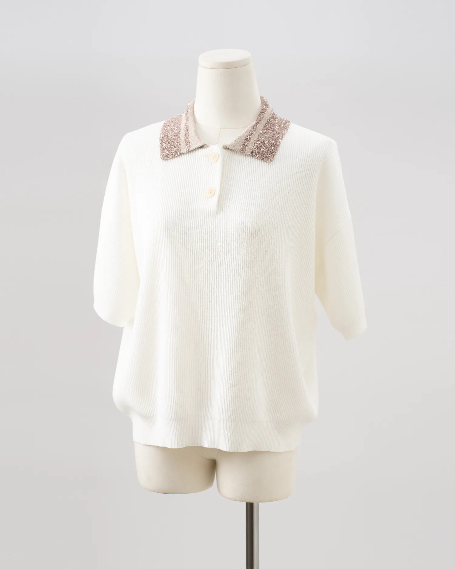 

2026 Spring/Summer New Arrival Linen Polo Collar Sequined Knit Short-Sleeve Loose Fit Elegant Versatile Top For Women