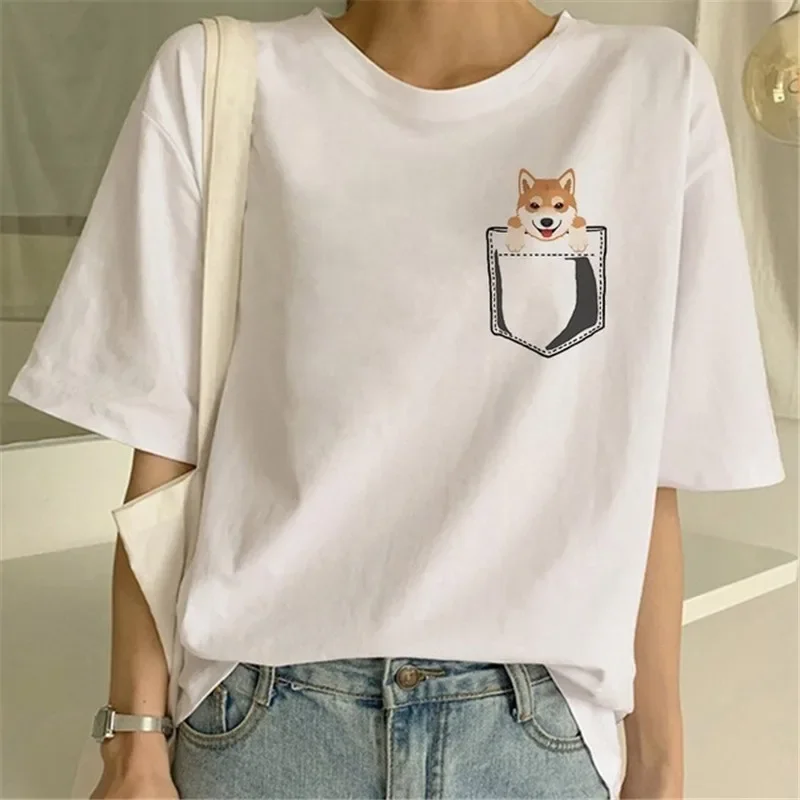 Maycaur pocket Shiba Inu T shirts women printed shirt funny graphic Korean clothing tops Harajuku ulzzang T-shirt female