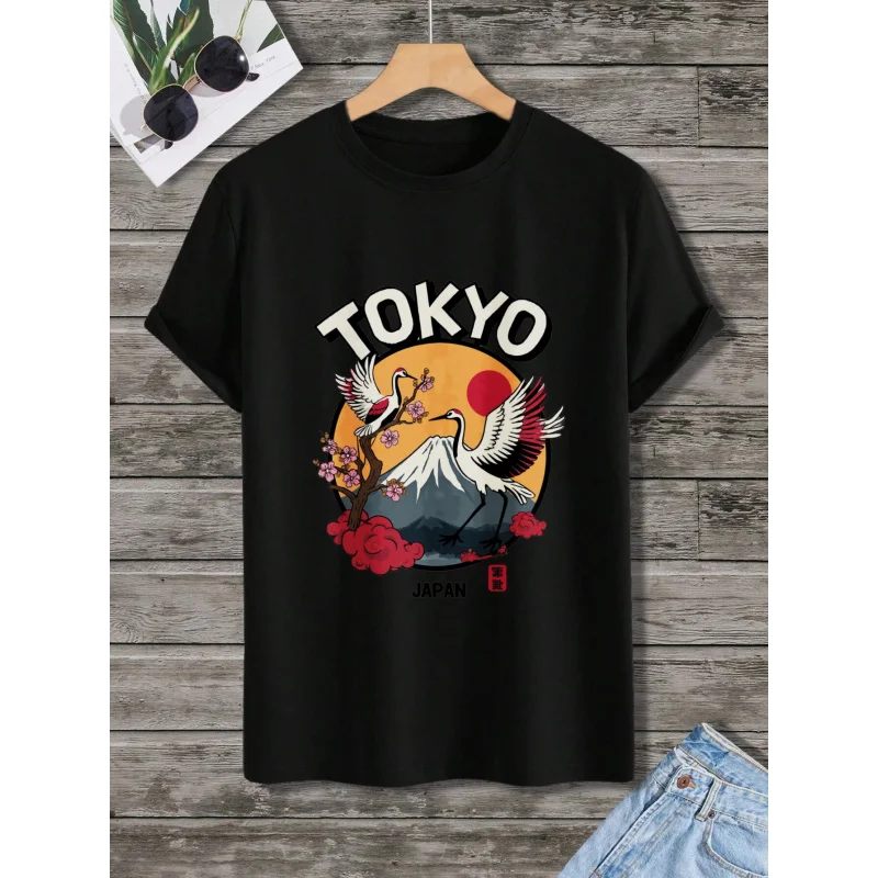 تي شيرت رجالي أبيض طوكيو اليابان كرينز جبل فوجي زهر الكرز طباعة قطن عالي الجودة 180 جرام