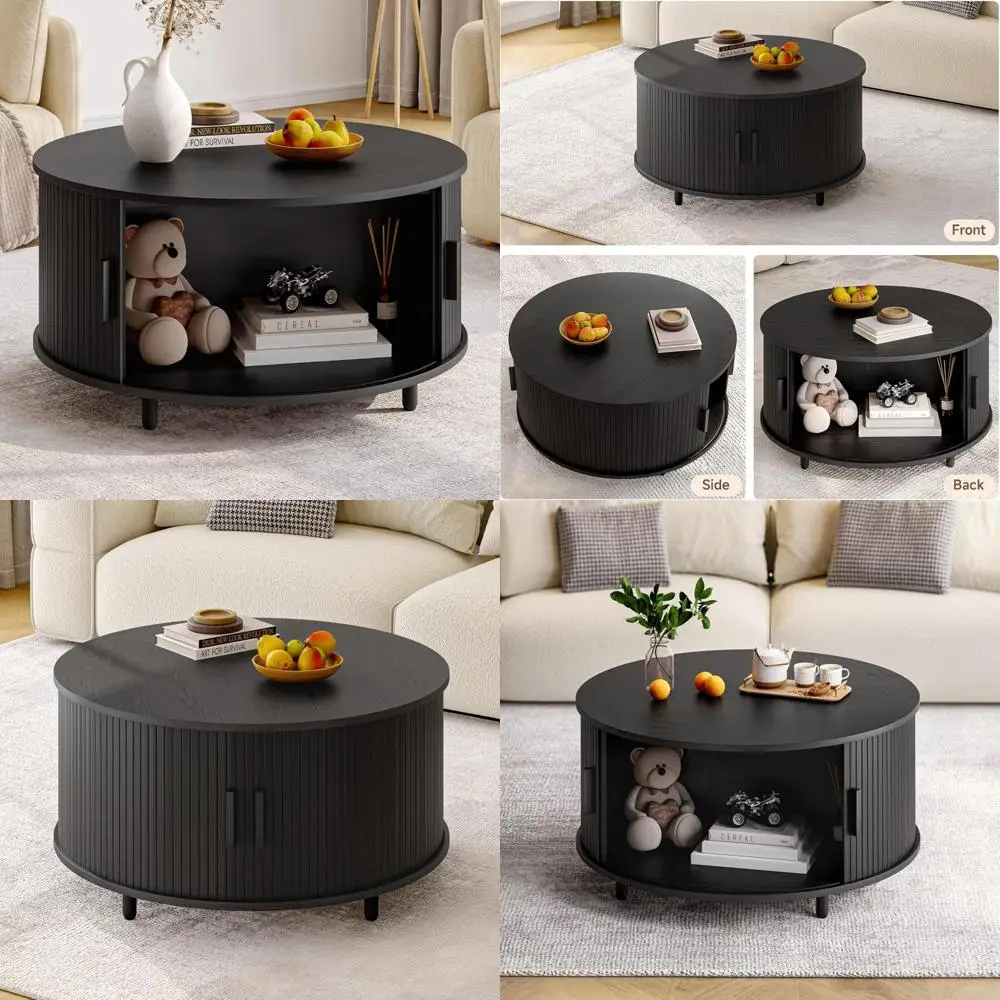 

Modern Curved Sliding Door Coffee Table with Storage, 31.5 Fluted Wood Accent Table for Contemporary Living Spaces