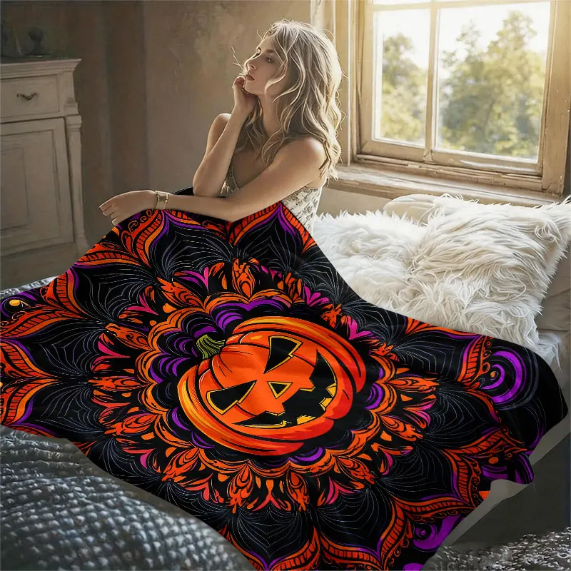 Jack O Lantern Mandala Black Flannel Blanket Perfect for Sofa Office Bed Travel Sleep Read Relax Camping Four Season Use