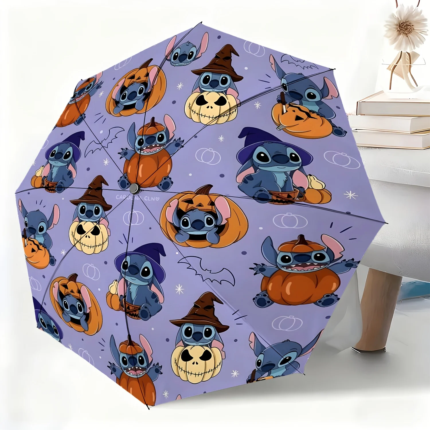 

1pc Disney Stitch Pumpkin Pattern Automatic Umbrella, All-Occasion Rain or Shine Umbrella, Portable Folding Umbrella, Christma