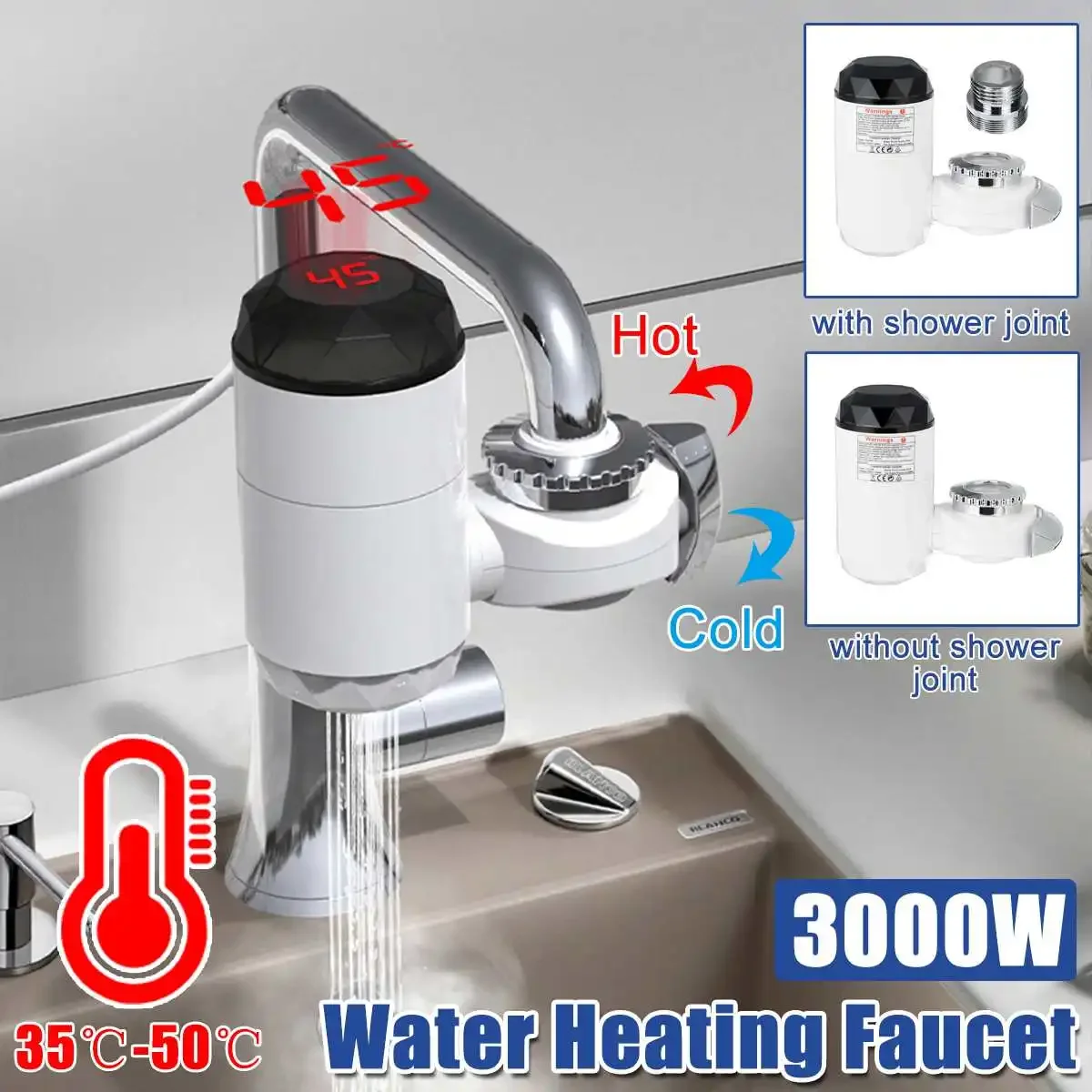 3000W 220V Stainless Steel Instant Electric Faucet Tap Heater - LED Display Hot Cold Kitchen Water Heater