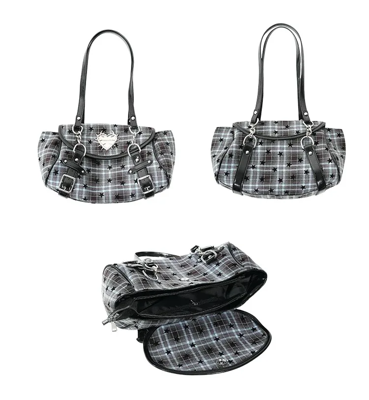 Large Capacity Japanese Yabi Y2k Niche Original Design Sweetheart Spice Girl Plaid Chain Shoulder Armpit Bag Underarm Bag