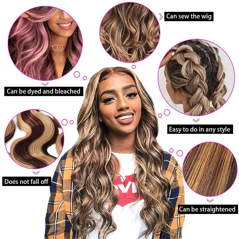 Body Wave Honey Blonde Highlight Human Hair Weave 3 Bundles 100% Brazilian Human Hair Bundle Extensions 4/27 Ombre Color Bundles