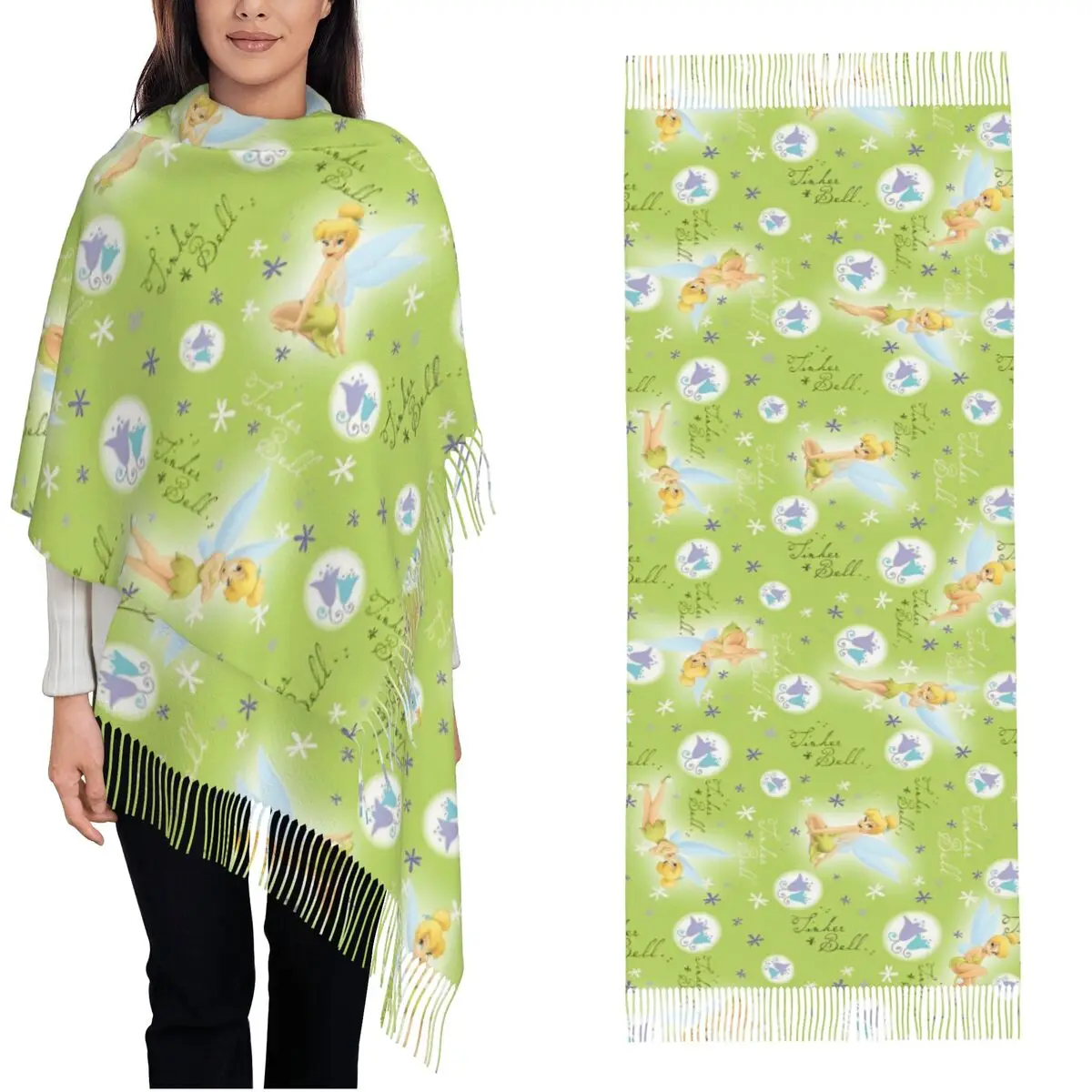 Tinker Bell Fairy Cartoon Sjaals Wraps voor Dames Winter Warme Lange Zachte Sjaal Prinses Bloem Anime Halsdoek Kwastje Sjaals