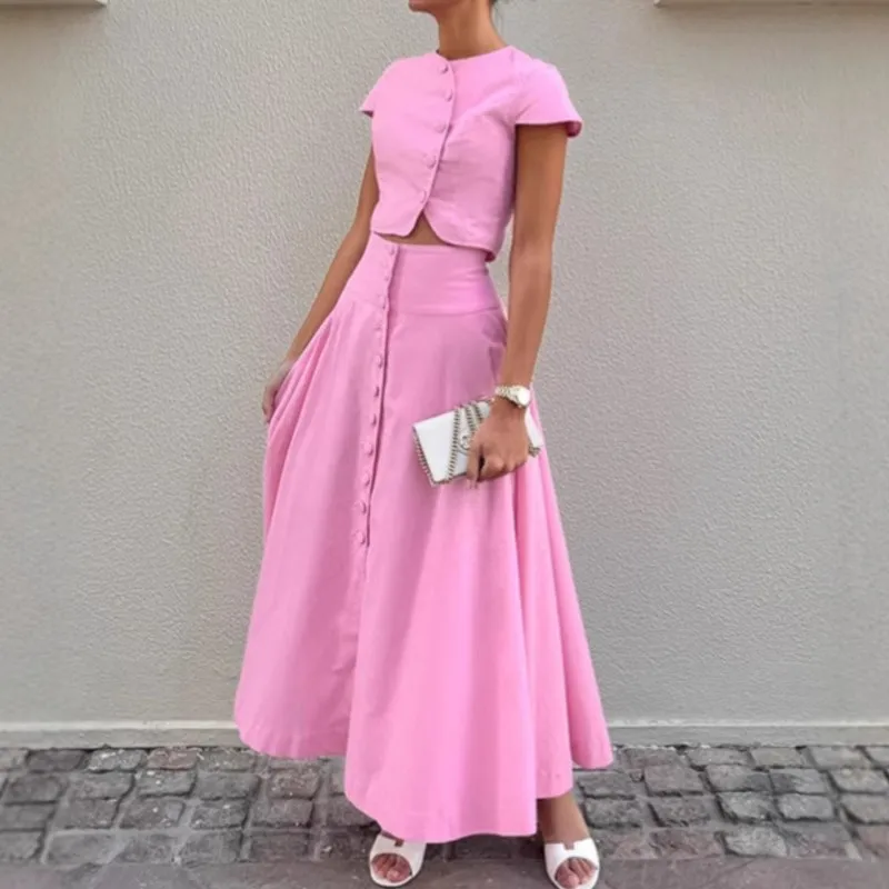 

2026 New Summer Dress Set With Pure Color Sweet And Elegant Temperament High-end Versatile Temperament And Button Decoration