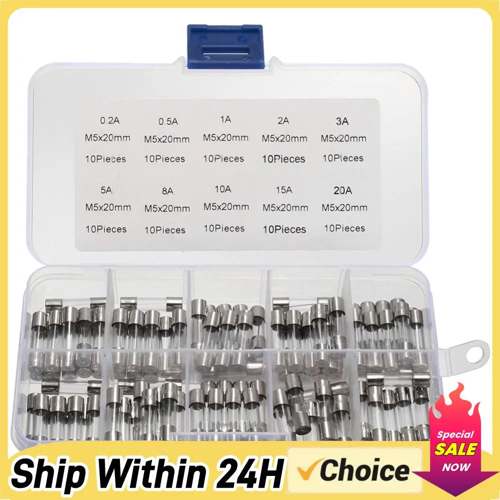 

100 шт. быстродействующих стеклянных трубчатых предохранителей 5*20 мм, 250В, в ассортименте, в прозрачной пластиковой коробке