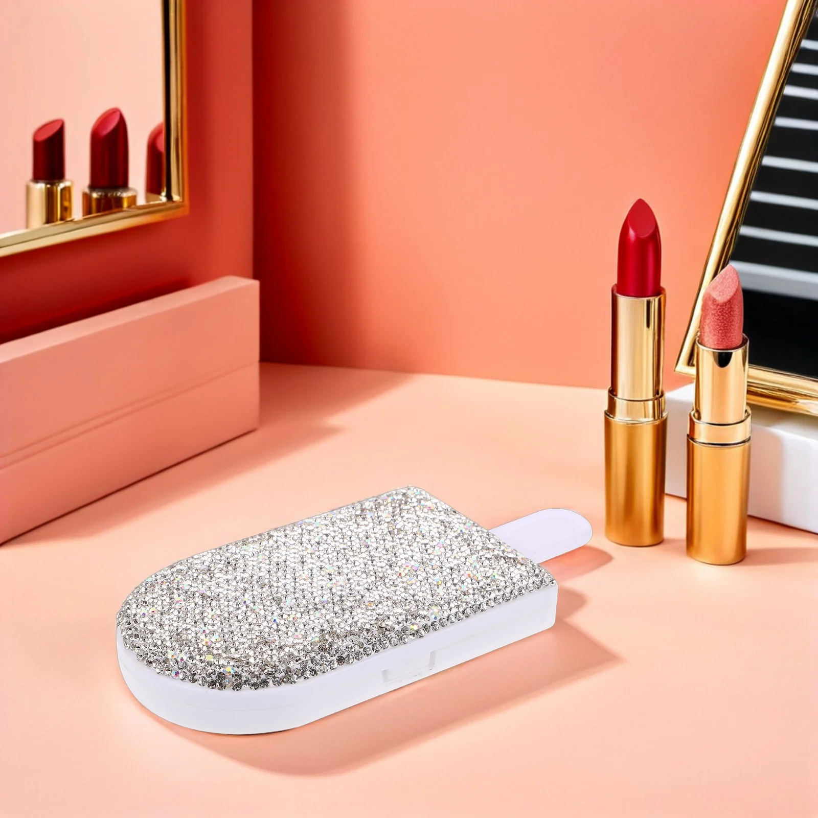 

Rhinestone Folding Compact Portable Small Makeup For Purse Pocket Travel Foldable Lightweight Mirror Ice Shape