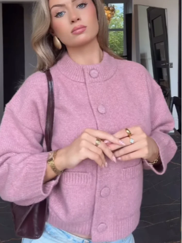 

Chic Thicken Women's Cardigan Elegant Knitted O-neck Single Breasted Pockets Sweaters Female 2025 Autumn New Lady Streetwears
