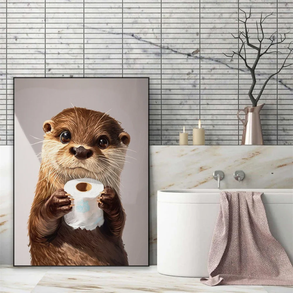 1pc frameless Canvas Painting Bathroom Cute Animal Wall Art Poster Cute Otter Holding Toilet Paper Roll Oil Painting Prints Funn