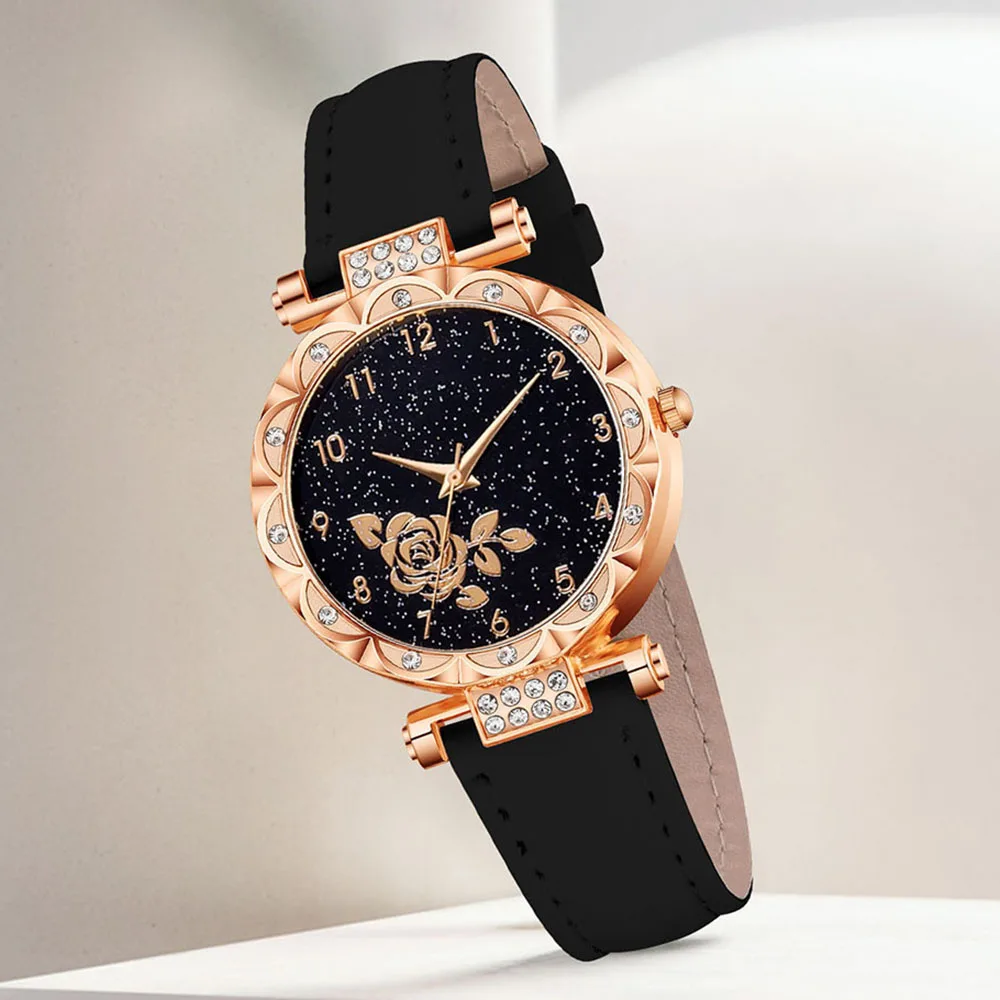 7PC Women's Watch Set Fashionable and Elegant Flower Element Dial Quartz Watch Bracelet Necklace Ring Earrings Set Perfect Gift