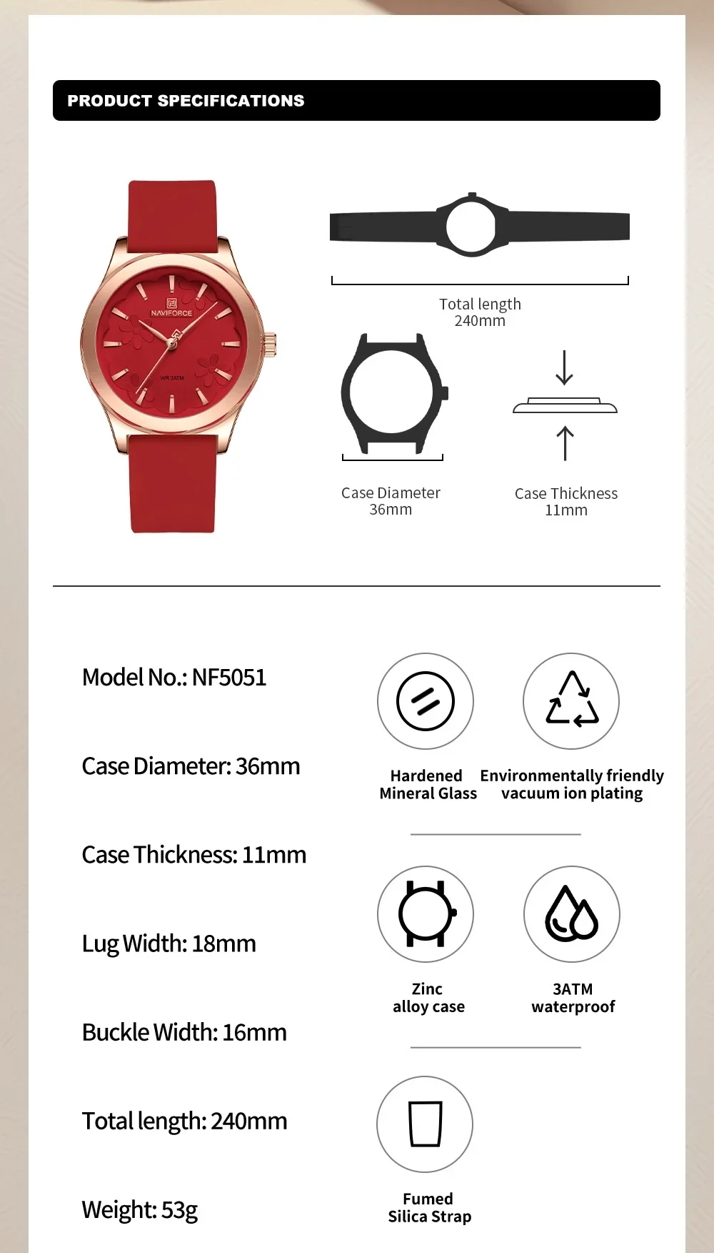 NAVIFORCE NF5051 Top Brand Women\'s Watches Silicone Strap Wrist watch Women Quartz Watches Clock Gift