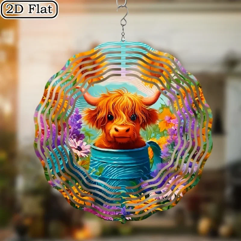 Highland Cow Windmill - 10 Inch Kinetic Sculpture, Spinning Motion, Farmhouse Decor, Outdoor/Indoor Hanging Decoration
