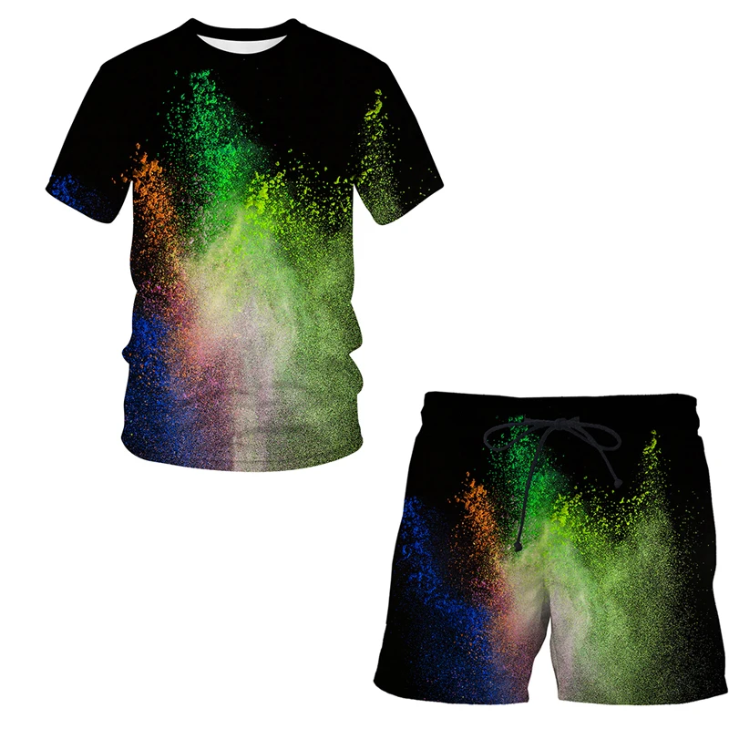 New Summer Splash tie dyeing 3D Shorts Sets Short Sleeve T Shirt +Shorts 2022 Male Sports Tracksuit Set Men's Clothing 2 Pieces