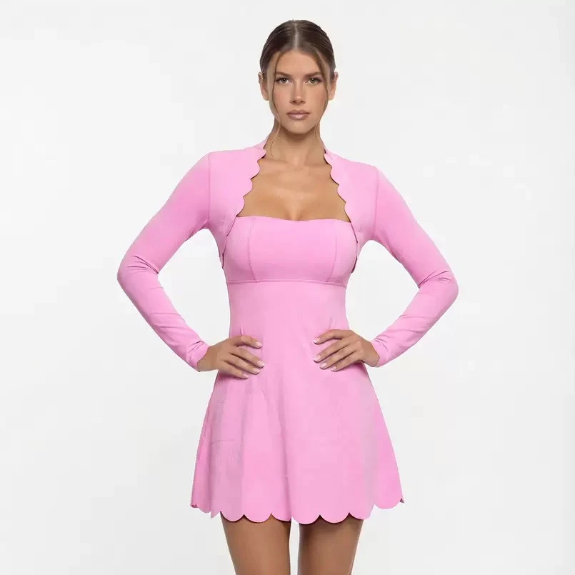 FUBEIKE Tennis Clothes Women\'s Long Sleeve Wave Lace Golf Wear Tennis Skirt Breathable Quick-Drying Yoga One-Piece Dress