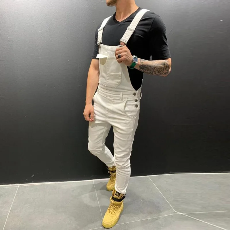 New Denim Bibs Slim Men's Jeans Jumpsuits Trousers Solid Color Male Overalls Full Length Skinny Pants Mameluco Hombre Trabajo