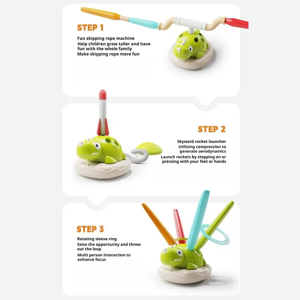 3 in 1 Dinosaur Sports Machine Electronic Exercise Toy Interactive Ring Game Jump Rope Rocket Launcher Outdoor Activity Kids