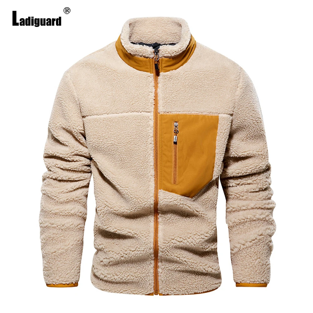 

Ladiguard Plus Size 3xl Men Casual Plush Jackets Harajuku Fashion Zipper Pocket Tops Outerwear 2024 New Patchwork Flocking Coats