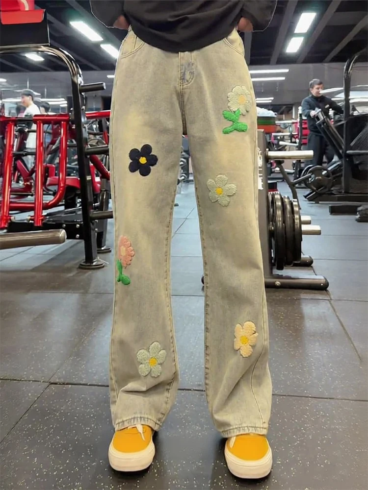 

American Retro Floral Embroidery Men's Jeans Autumn Winter Straight Leg Micro Flare Long Pants Youthful Wear Resistant