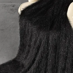 Good Light Thin Black Shiny Silk Tassel Knitted Plush Fabric, Elastic, Soft Draping Dress Fabric, Sewing Material, DIY Costume