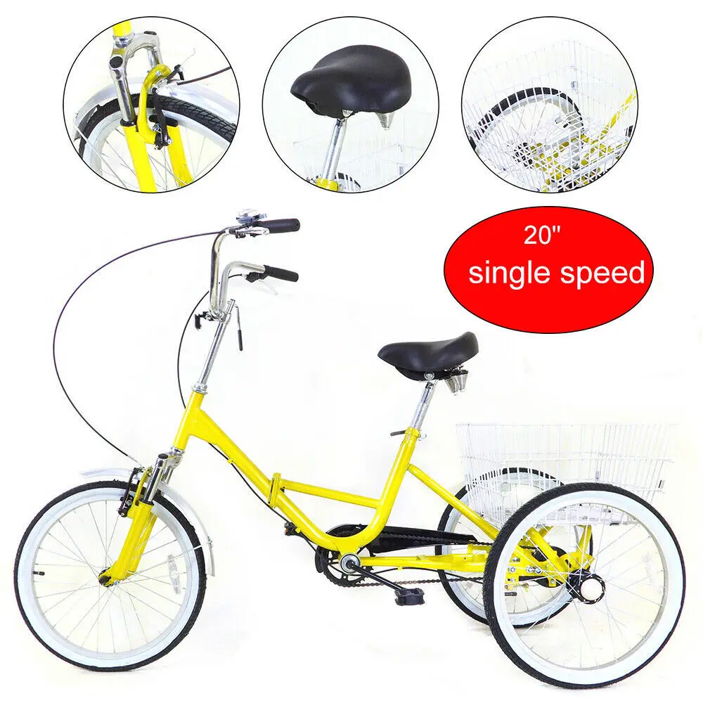 20In Folding Adult Tricycle 3-Wheel Bike Single Speed Trike Bicycle with Basket