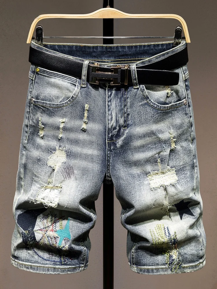 

Trendy Ripped Denim orts Men Summer Thin Elastic Slim Fit Large Size Five-Quarter Pants High-End Waed Faion Pants