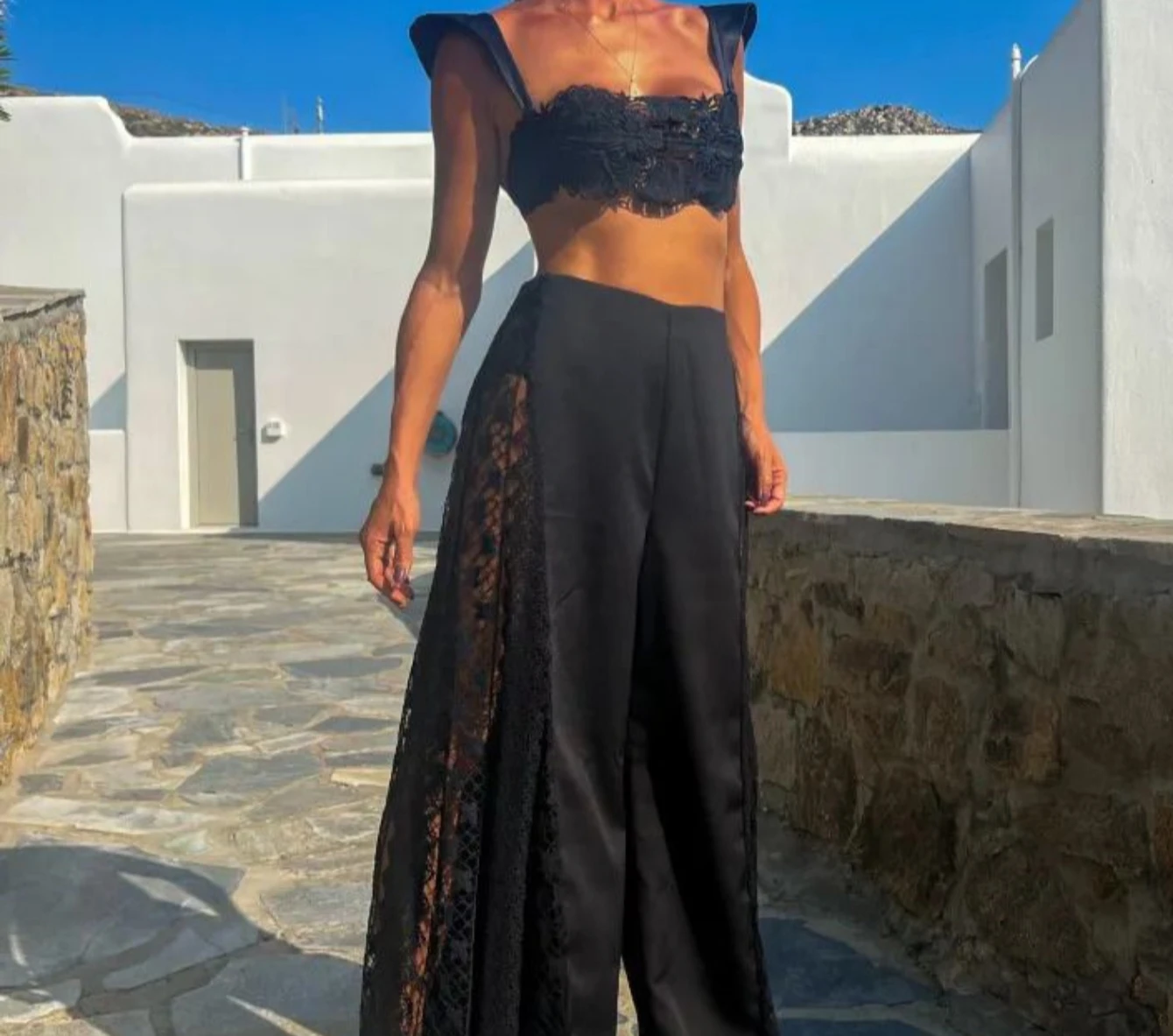 Sexy Black Lace Three Piece Women Bikini Set With Pants Lace Bra High Waist Hollow Out Wide Leg Pants Suit Summer Beach Swimsuit