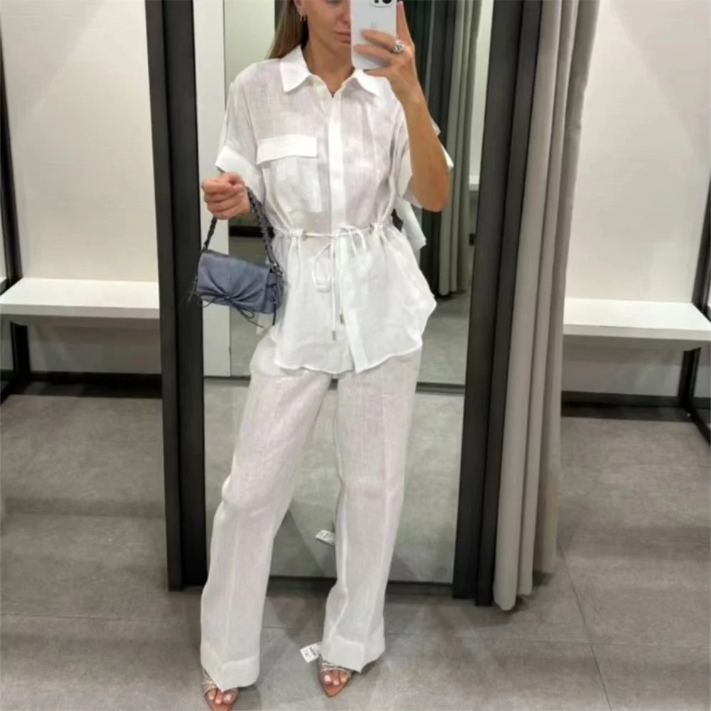 European And American Style 2024 Women\'s Clothing New Fashion Solid Color Lapel Short Sleeved Shirt High Waisted Pants Set