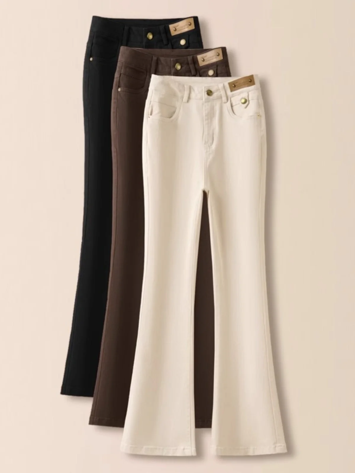 กางเกงขายาวทรงกระดิ่งเอวสูงผ้าฝ้ายสำหรับผู้หญิง สีกากี สไตล์ลำลอง เหมาะสำหรับฤดูใบไม้ผลิและฤดูใบไม้ร่วง แฟชั่นกางเกงยีนส์ผู้หญิง