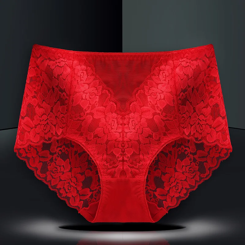 Calcinha de renda sexy de cintura média alta para mulheres, nádegas, abdômen sem traço, calcinha triangular feminina, virilha de algodão, tamanho