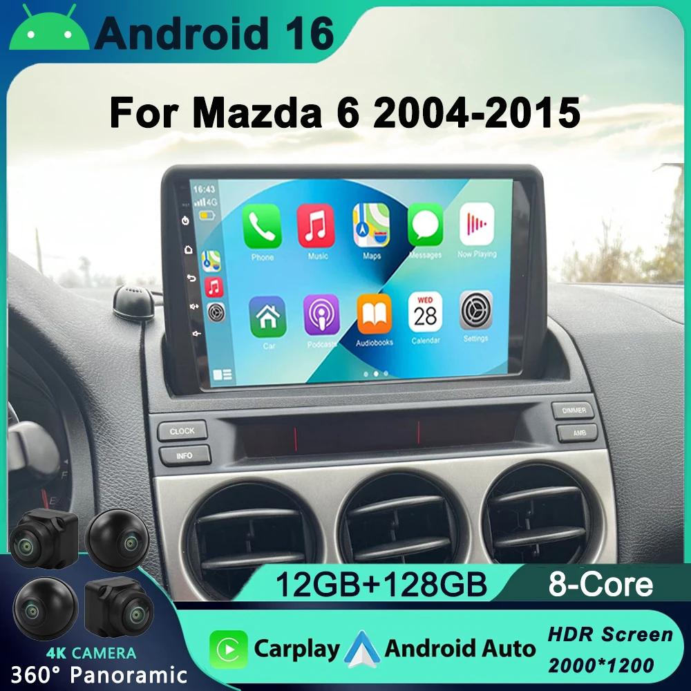 

Android 16 Auto For Mazda 6 2002- 2008 Car Radio Stereo Multimedia GPS Video Navigation Carplay Bluetooth Mirror Liink Camera