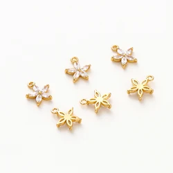 6Pcs 18K Gold Color Plated Brass Flowers Pendants with Zircon Charms Pendant for DIY Necklace Jewelry Making Accessories
