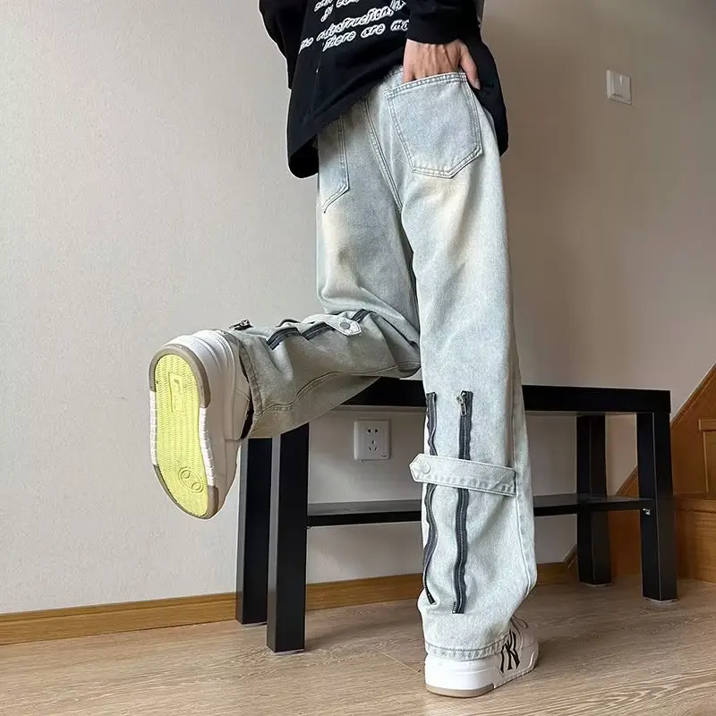 جينز رجالي كاجوال عمودي بساق مستقيمة ، سراويل فضفاضة ، سحاب ، سفر ، تخييم ، ريترو ، جودة ، نحيف ، نمط هونغ كونغ #2