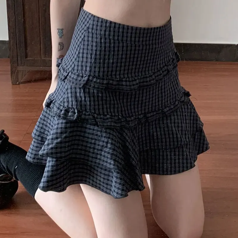 Fashionable Vintage Plaid Cupcake Mini Skirts Spring Summer High Waist Women's Clothing Layered Ruffle Basic Patchwork Skirts