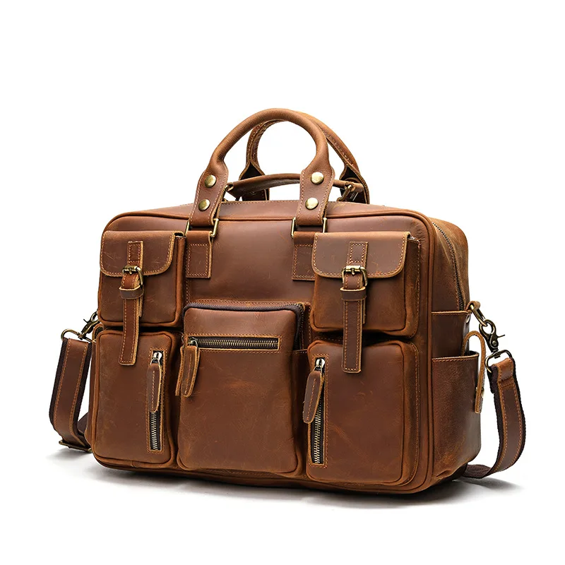 Leather briefcase first layer cowhide men's shoulder messenger bag large capacity travel business multi-pocket bag