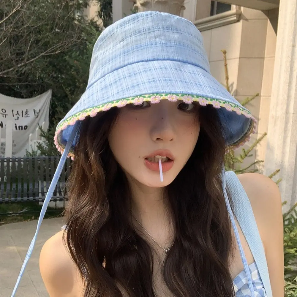 Sunscreen Sweet Summer Fisherman Hat Big Brim Foldable Lace-up Sun Caps Japanese French Style Women's Sun Hat Travel